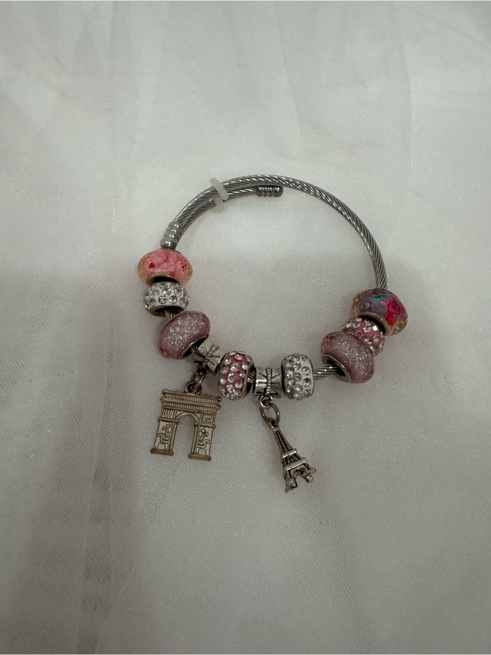 Pink Charm Bangle Bracelet with Eiffel Tower and Arch Charms